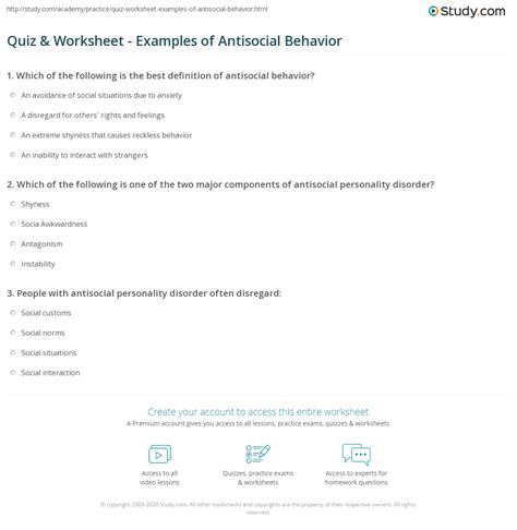 Quiz & Worksheet - Examples of Antisocial Behavior | Study.com