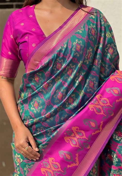 Green Soft Silk Zari Woven Patola Saree with Contrast Weaves – Elite Weaves