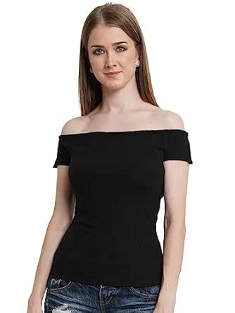 POPWINGS Casual Black Self Design Ribbed Top for Women | Stylish Off ...