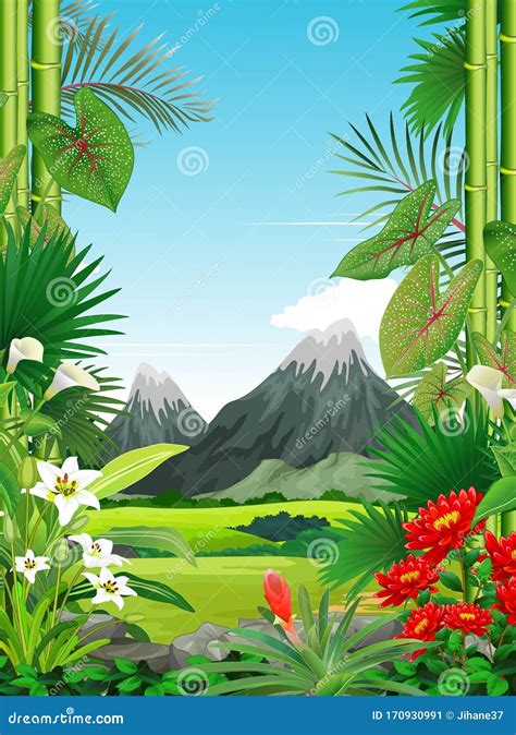 Cool Landscape Forest View with Tropical Plant and Flower Cartoon Stock ...