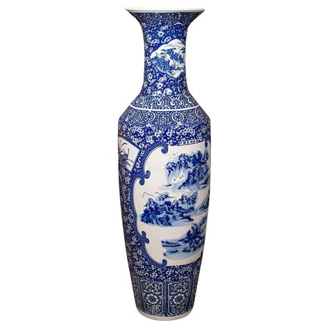 4' Tall Vintage Floor Vase, Chinese, Blue and White, Ceramic, Display ...