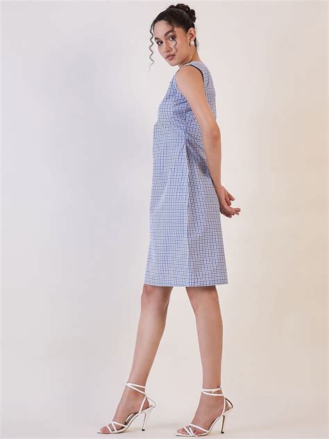 Blue & White Gingham Check Cotton Shift Dress