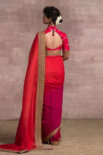 Buy Red Blouse Brocade, Saree Chiffon High Neck Embroidered With For ...