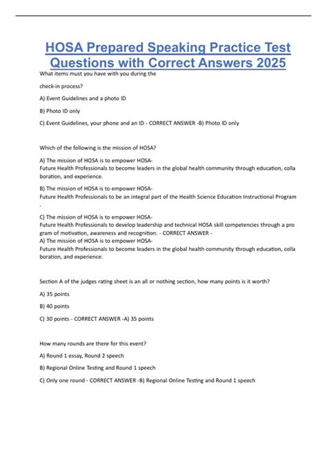 HOSA Prepared Speaking Practice Test Questions with Correct Answers ...
