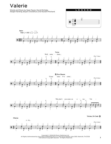 Valerie by Amy Winehouse Sheet Music for Drum Chart at Sheet Music Direct