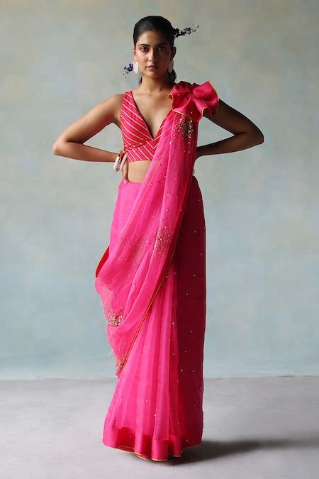 Buy Pink Crepe Hand Embroidery Sequin Saree With Unstitched Blouse ...