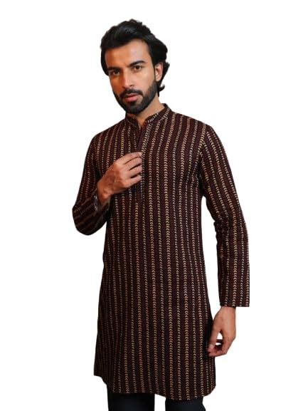 Buy Vastraa Fusion Men's Printed Kurta Pure Cotton Long Kurta, Round ...