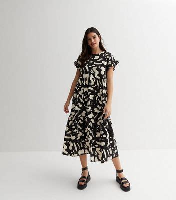 Black Animal Print Frill Sleeve Midi Smock Dress | New Look