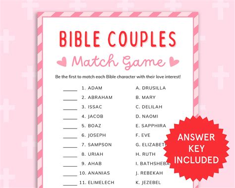 Bible Couples Match Game Bible Games for Kids, Adults Church Valentines ...