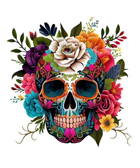 Colorful Sugar Skull Art with Floral Headpiece