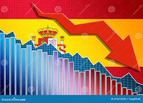 Economy of Spain Falling Down with Arrow and Flag Stock Illustration - Illustration of growth ...