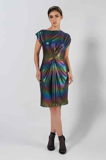 Buy Multi Color Lycra Round Neck Metallic Holographic Draped Dress For ...