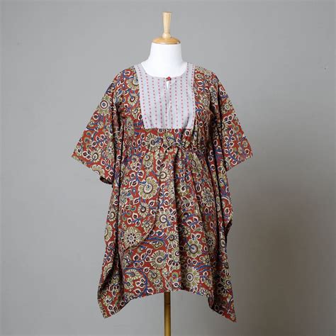 Red Block Print Cotton Kalamkari Kaftan with Tie-Up Waist