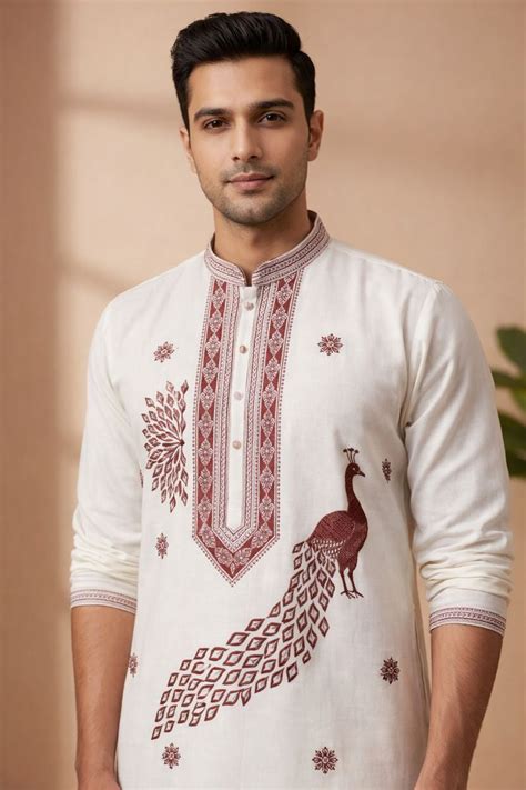 Ivory White Peacock Print Kurta Set with Ethnic Elegance – House of ...