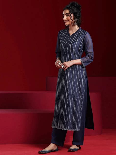 Buy Libas Art Blue Embroidered Chanderi Silk Straight Suit With Dupatta ...