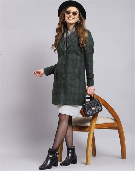 Buy Women Green Check Lapel Collar Full Sleeve Coat Online in India ...