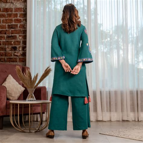 Buy Teal Acrylic Straight Printed Kurta with Tassel Detailing | Rustorange