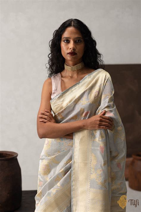 Grey Pure Katan Silk Tissue Banarasi Handloom Saree - Tilfi