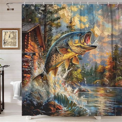 Rustic Cabin Shower Curtain, Country Lodge Bass Fish Lake Fishing ...
