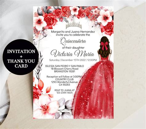 Quinceañera Invitation Red Floral Princess, XV Spanish Party Editable ...