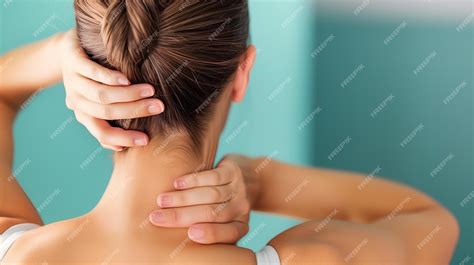 Premium Photo | Pain in the neck muscle of Caucasian woman Nape pain ...