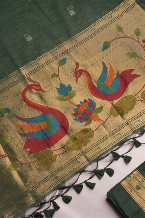 Regalia Dark Green Paithani Muga Cotton Unstitched Suit Set – Gajarai