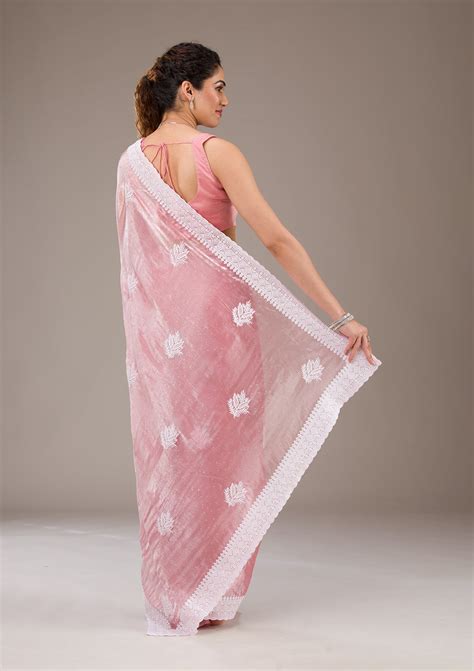 Buy Onion Pink Threadwork Tissue Saree - Koskii