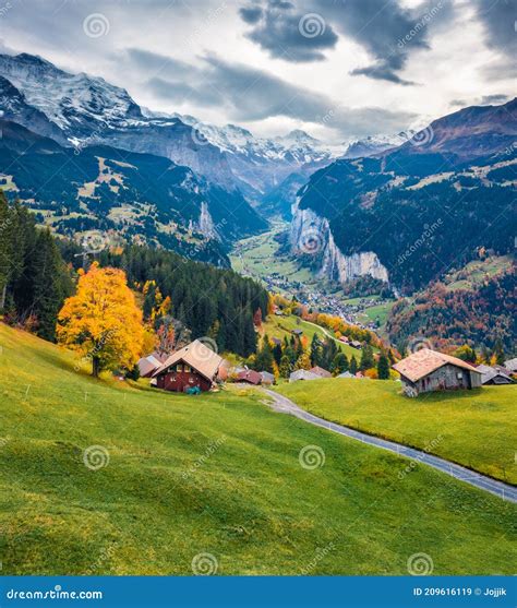 View from Flying Drone of Wengen Village, District of Lauterbrunnen ...