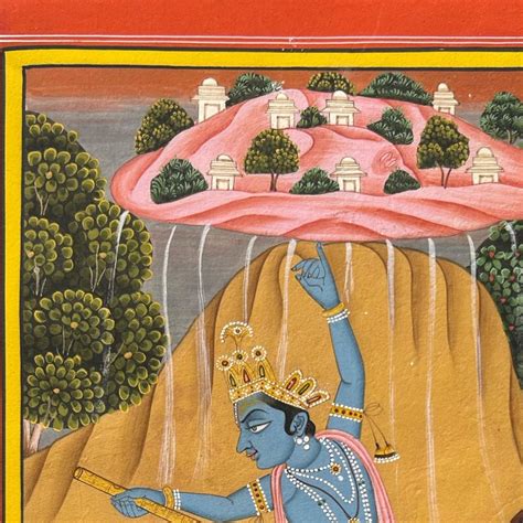 Vintage Indian Miniature Painting – Krishna Lifting Govardhan, Natural Stone Pigments on Wasli ...