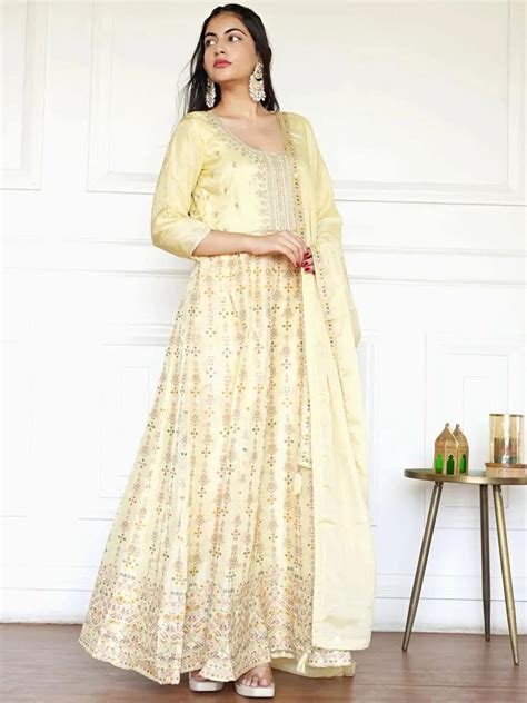 Buy Yellow Self Design Silk Anarkali Kurta With Churidar & Dupatta ...