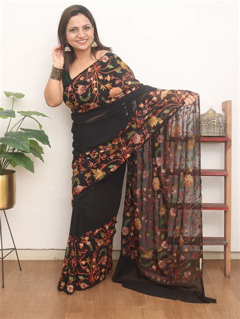 Black Embroidered Kashmiri Aari Work Georgette Saree - Luxurionworld