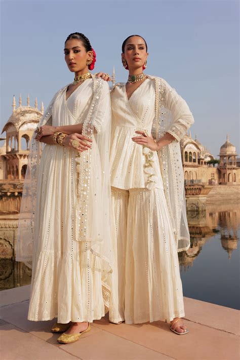 Off-White Criss-Cross Peplum Sharara with Line Embroidered Dupatta ...