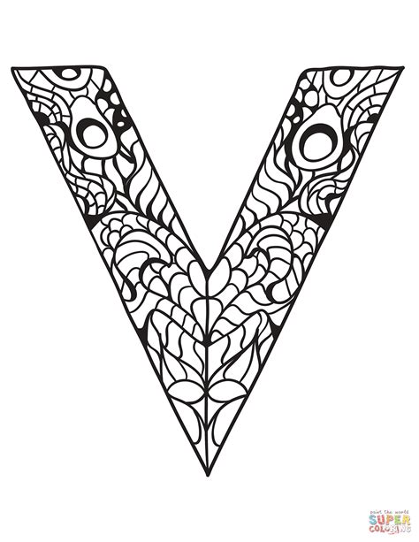 Letter V Zentangle coloring page | Free Printable Coloring Pages