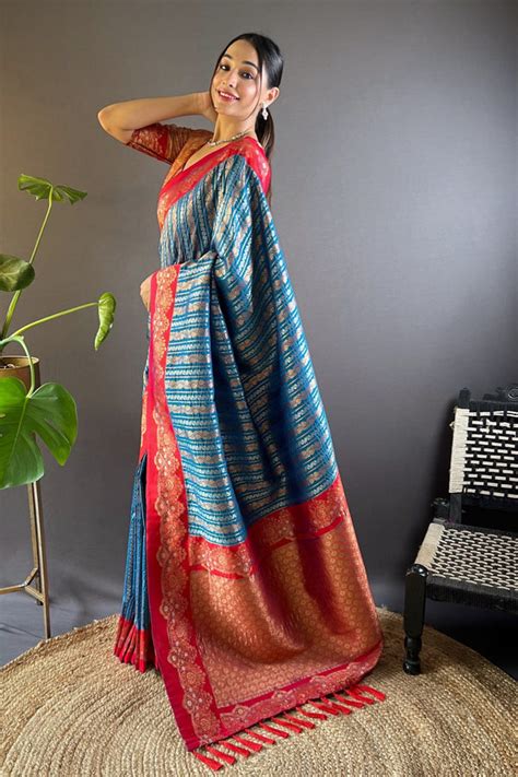 Buy Wedgewood Blue Zari Woven Banarasi Saree Online - MySilkLove