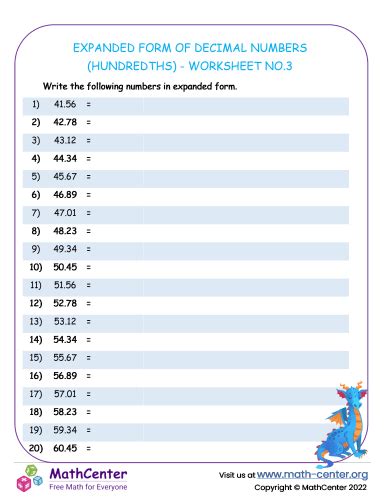 Expanded Form of Decimal Numbers (Hundredths) - Worksheet no.3 ...