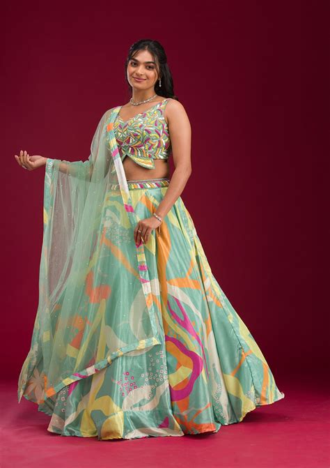 Buy Turquoise Blue Printed Semi Crepe Readymade Lehenga - Koskii