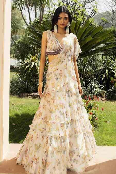 Buy Ivory Chiffon Printed Crystal Work Asmira Tiered Pre-draped Lehenga ...