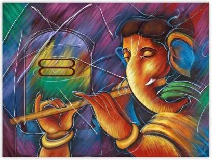 Ganesha Playing Flute Sparkle Coated Self Adesive Poster Without Frame ...