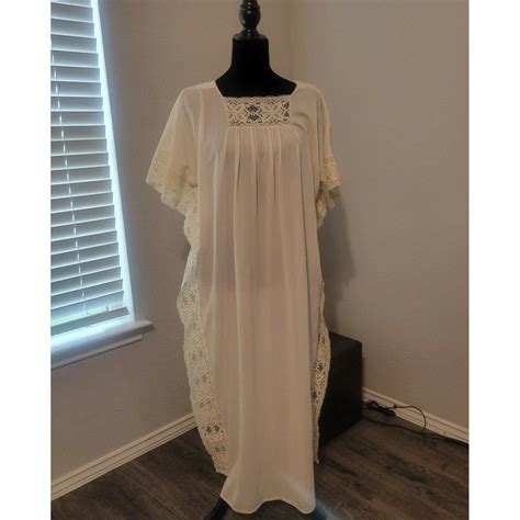 VTG Caftan Nightgown Lace Edge Ivory Lingerie OSFA 1970s Antron Nylon ...