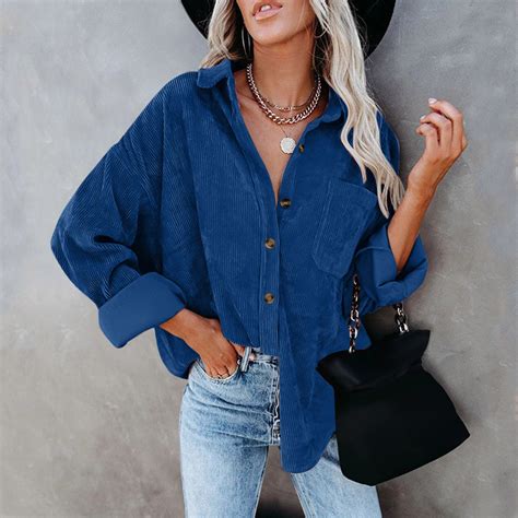 Blue Womens Tops Womens Corduroy Button Down Shirt Oversized Blouses ...