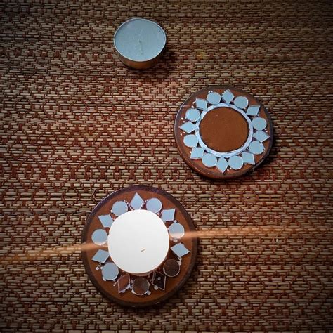 Kutch Pottery Mirror Work Tealight Holders Set of 2 – Terracotta by Sachii