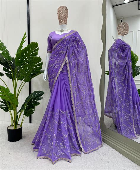 Lavender Heavy Tibby Silk With Coding Work Saree – Ethnicsupply