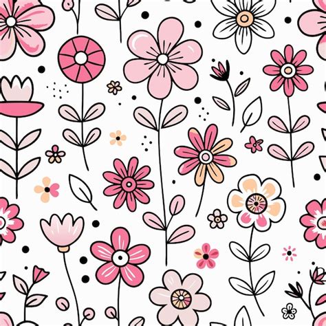 A seamless pattern of pink and white flowers with black outlines on a ...