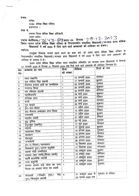 परिषदीय विद्यालयों की अवकाश तालिका वर्ष 2024 देखें व करें डाउनलोड ...