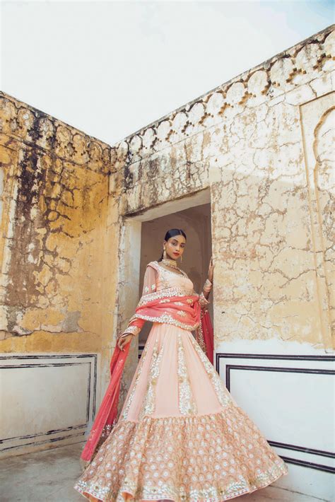 Peach 3D Gota Embroidered Lehenga Set | Pallavi Jaipur