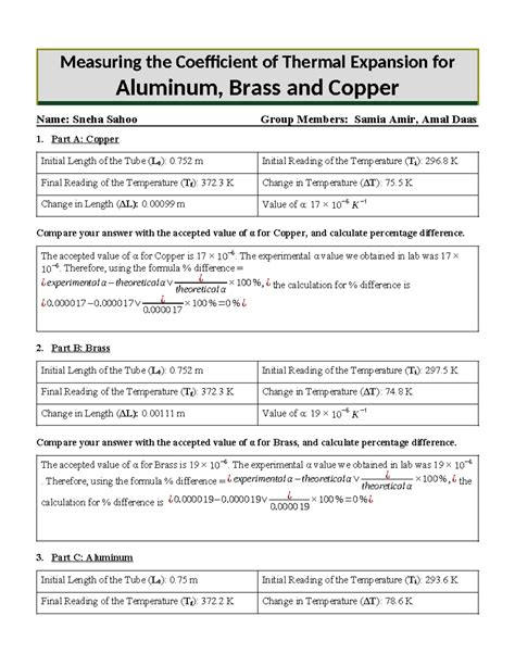 Thermal Expansion Worksheet - Measuring the Coefficient of Thermal ...
