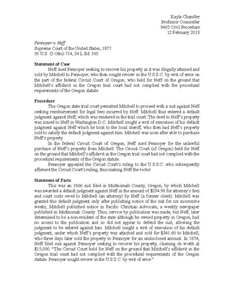9405 Pennoyer v. Neff - Outlines - Kayla Chandler Professor Counseller ...