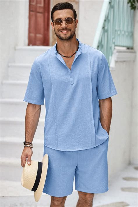 COOFANDY Men's Cotton Linen Solid Short Sleeve Shirt and Summer Beach ...