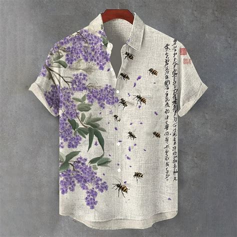 Floral Bee Print Linen Shirt – Vintage Asian Art Short Sleeve Shirt ...