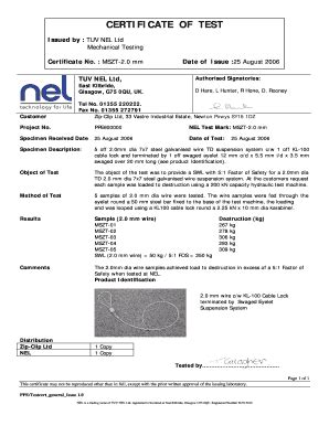 Fillable Online CERTIFICATE OF TEST Issued by : TUV NEL Ltd Mechanical ...
